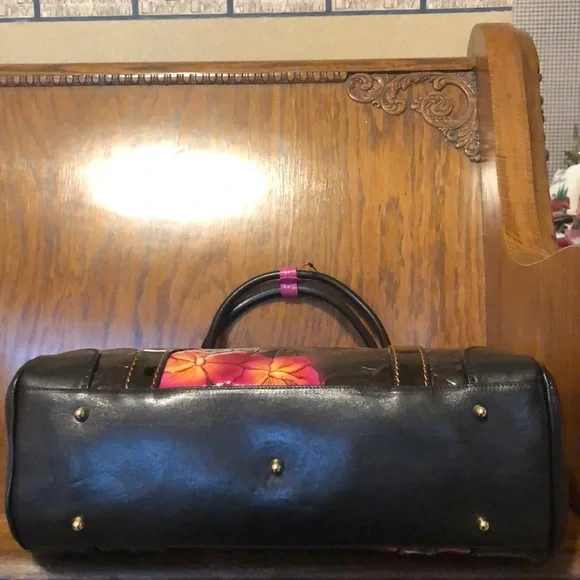 NWT-Marino Orlandi-Embossed Leather Satchel-Black-Tropical 🌺 Flowers-Italian 🇮🇹 - Picture 10 of 16